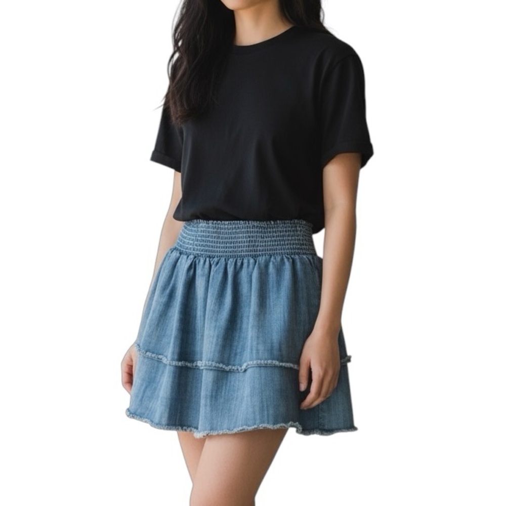 Bella Dahl Light Blue Denim Stretch Smocked Waist Tiered Mini Skirt XS